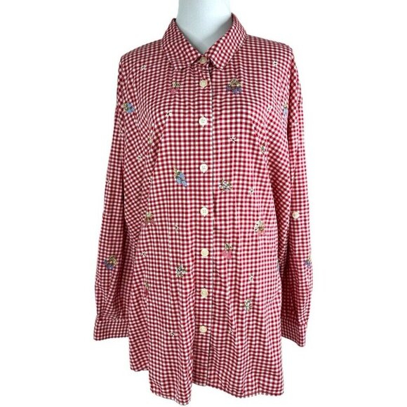Teddi Women’s Red Check Embroidered Fruit Roll Tab Sleeve Button Down Top 3X/C63 - Picture 1 of 13